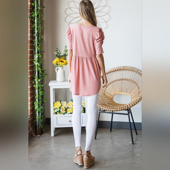 New Launch From Designer HEIMISH Full Size Waffle Knit V-Neck Babydoll Top - Picture 4 of 13